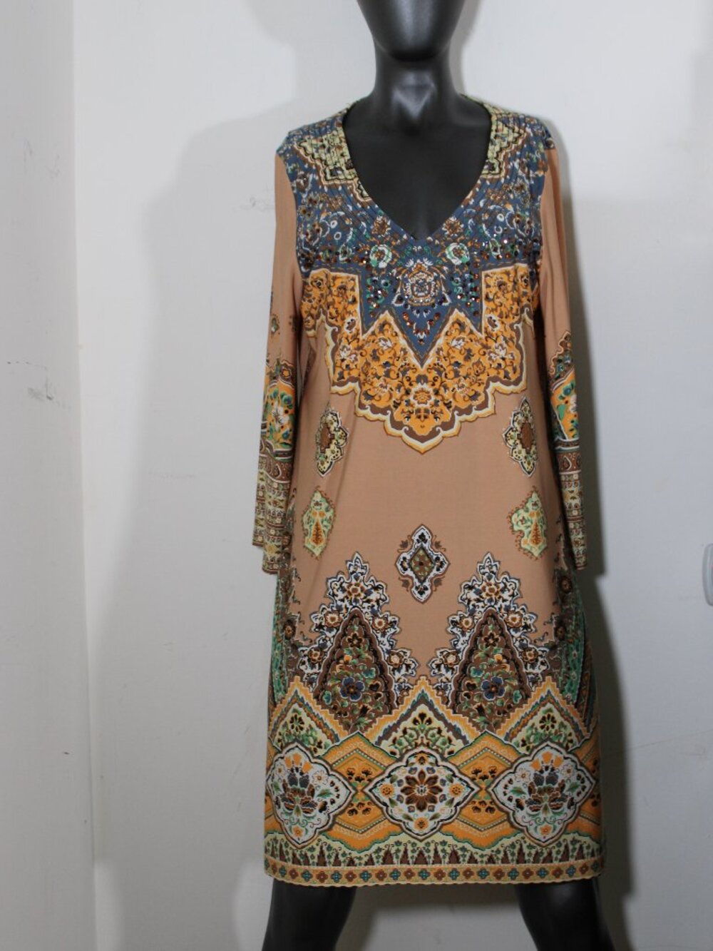 Muse for Boston Proper Paisley Boho Midi Dress Embellished Neckline Size M